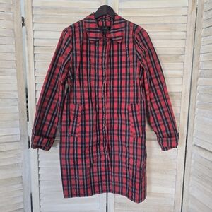 J. Crew Red Black Tartan Plaid Long Nylon Raincoat Size 8 NWOT